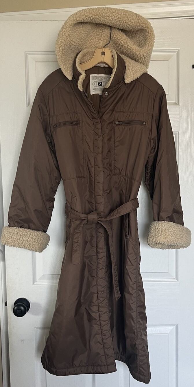 Vtg 70s Warnaco White Stag Sherpa Hooded Puffer Long Coat Jacket Brown Belted S
